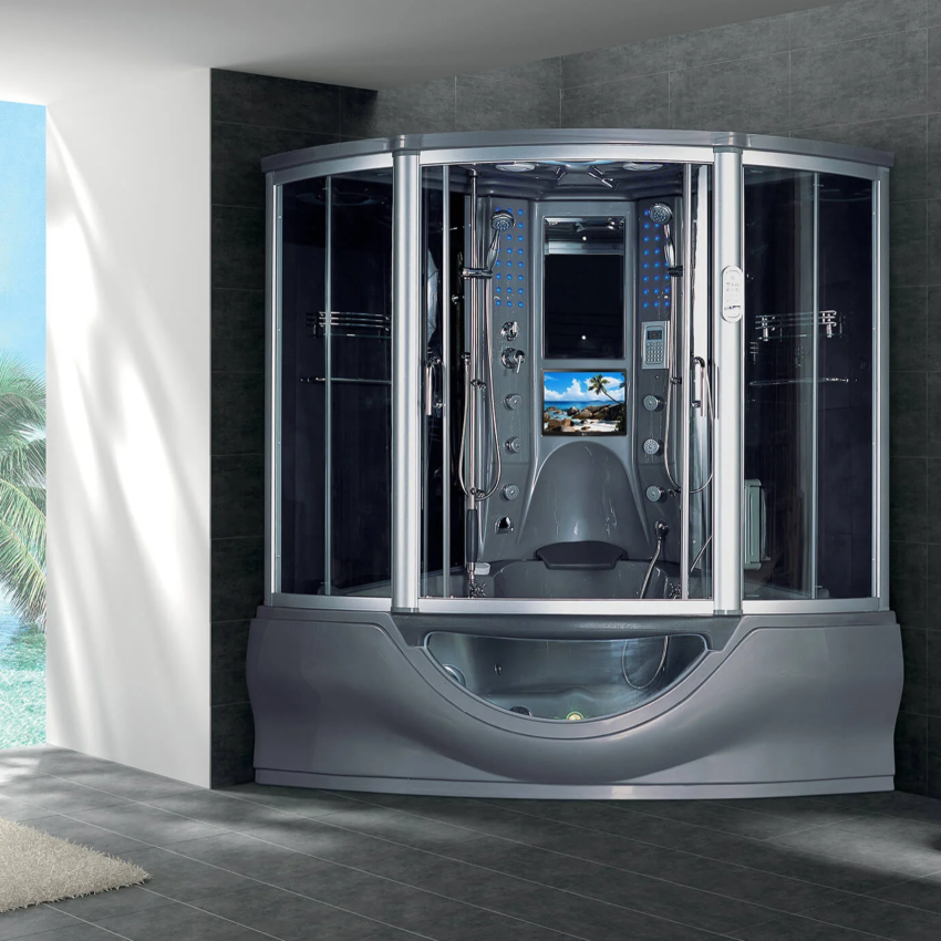 Maya Bath Platinum Superior Steam Shower gray version in an interior setting.