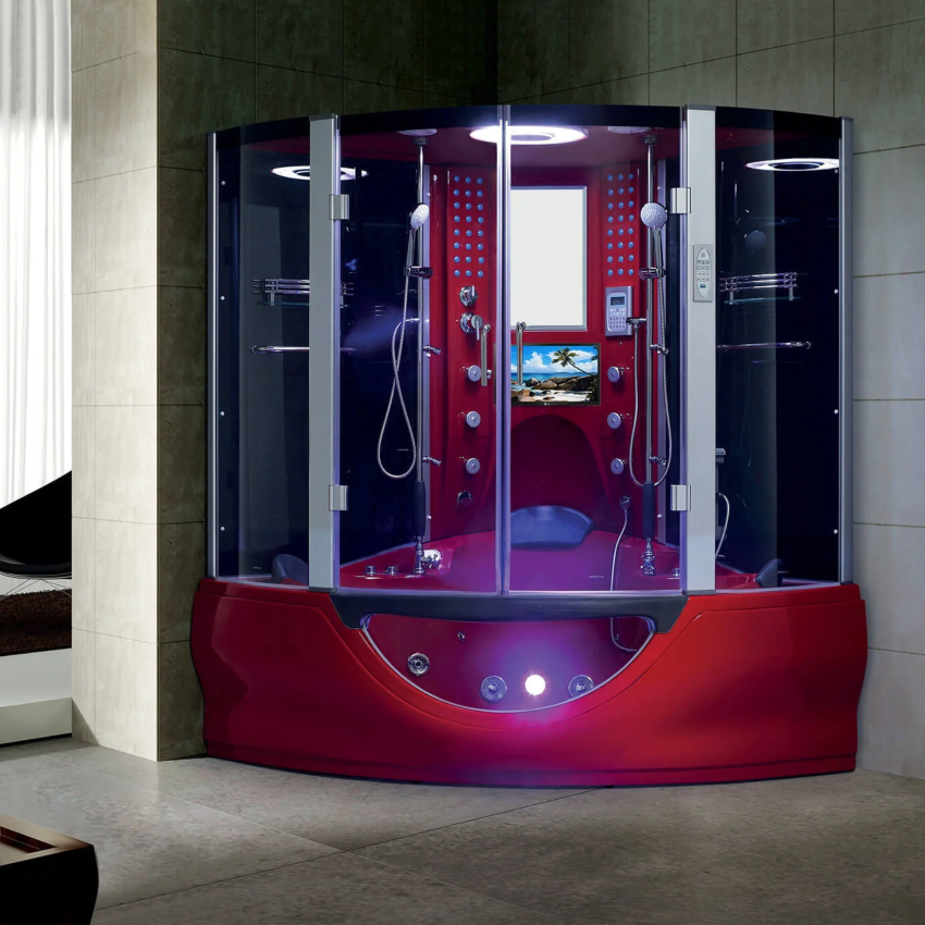 Maya Bath Platinum Superior Steam Shower red version in an interior setting.