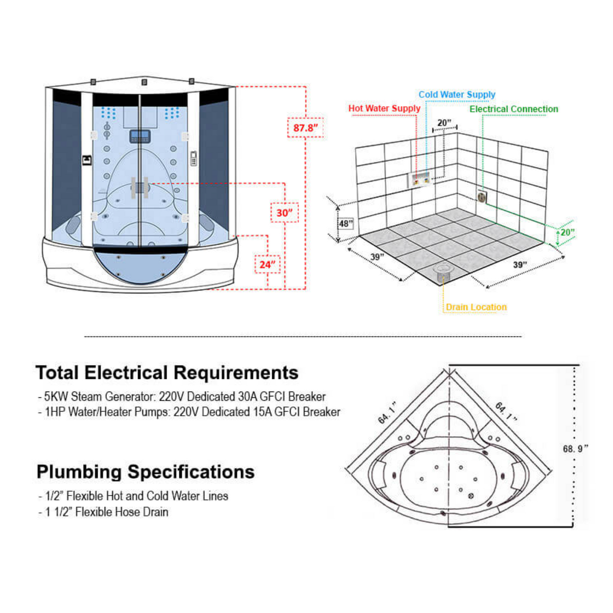 Specifications of Maya Bath Platinum Superior Steam Shower, including dimensions, electrical requirements and plumbing specifications.