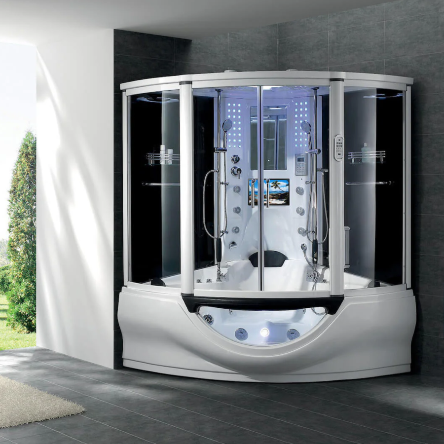 Maya Bath Platinum Superior Steam Shower white version in an interior setting.