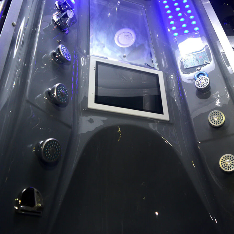 Interior view of Maya Bath Platinum Superior Steam Shower, showcasing its features, like a digital led TV.