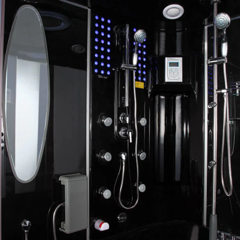 Interior view of Maya Bath Siena Steam Shower black version, showcasing the massage jets, and the control panel.