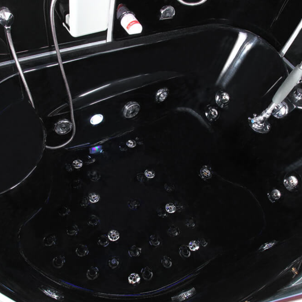 Close-up view of the floor of Maya Bath Siena Steam Shower black version.