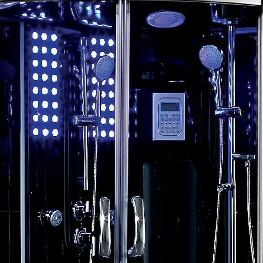 Interior view of Maya Bath Siena Steam Shower black version with lights on.