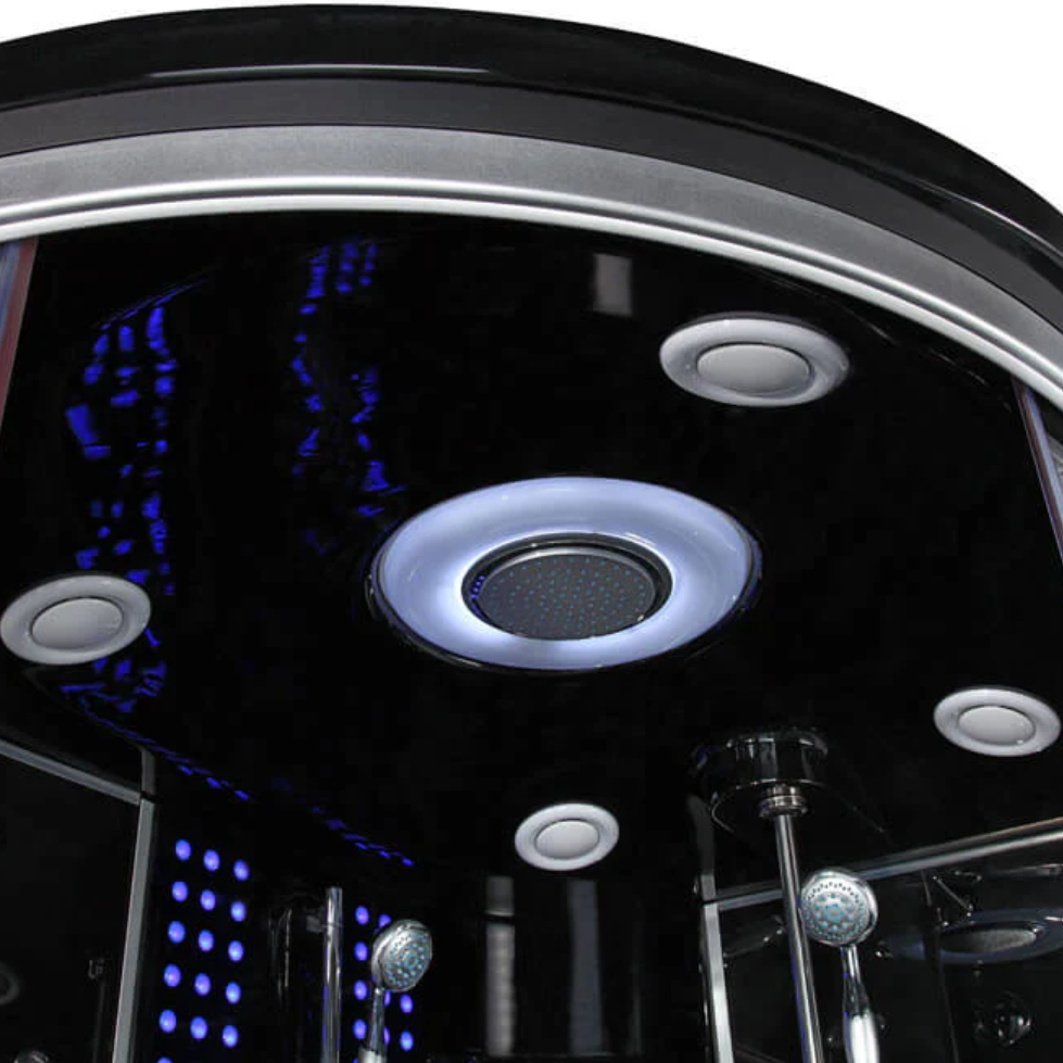 Close-up view of interior details of Maya Bath Siena Steam Shower black version.