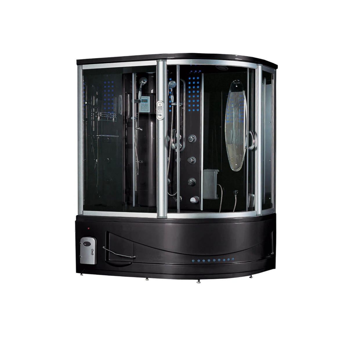 Front view of Maya Bath Siena Steam Shower black version with shower in left position.