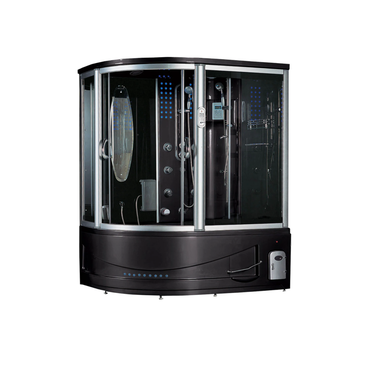 Front view of Maya Bath Siena Steam Shower black version with shower in right position.