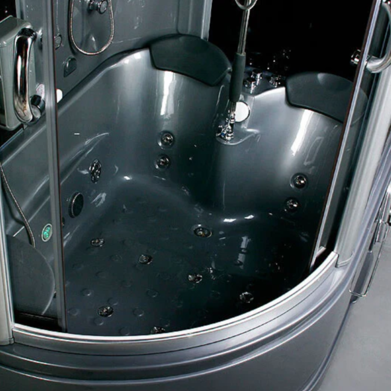 Close-up view of the floor of Maya Bath Siena Steam Shower gray version.