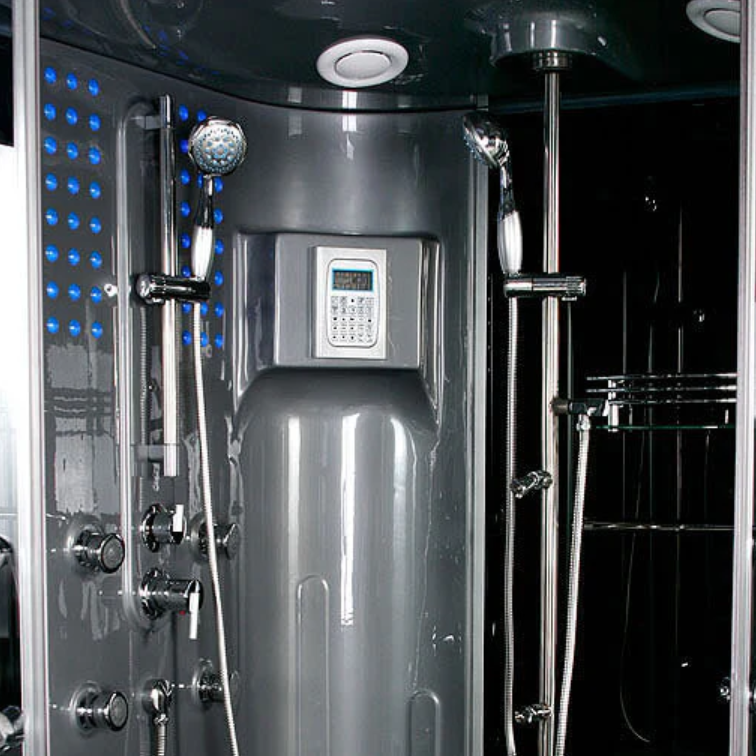 Interior view of Maya Bath Siena Steam Shower gray version, showing the massage jets and the control panel.