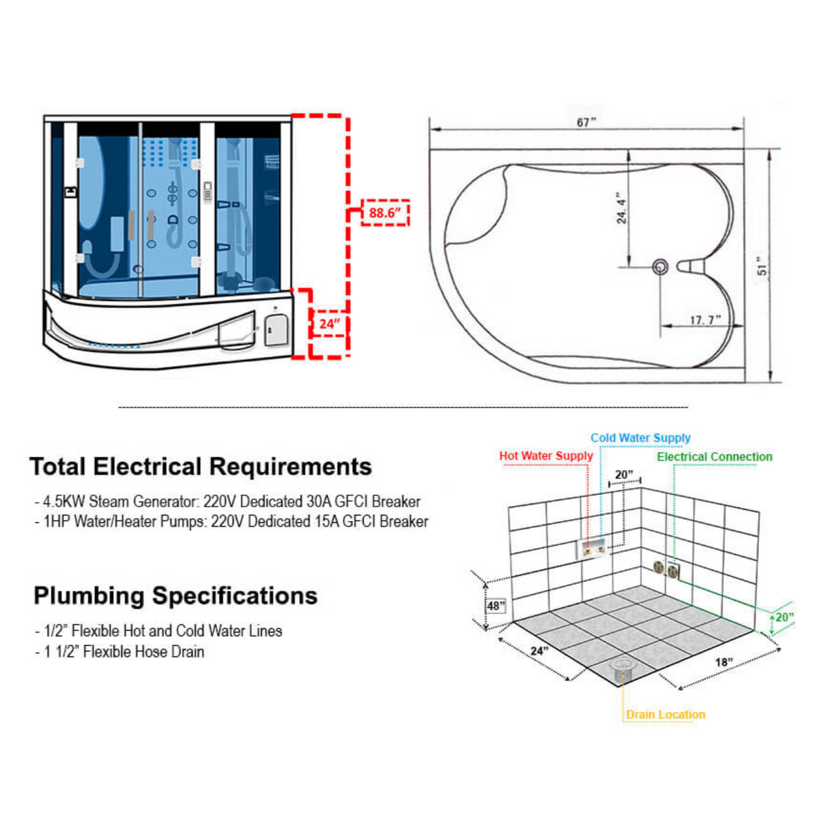 Specifications of Maya Bath Siena Steam Shower, including dimensions, electrical requirements and plumbing specifications.