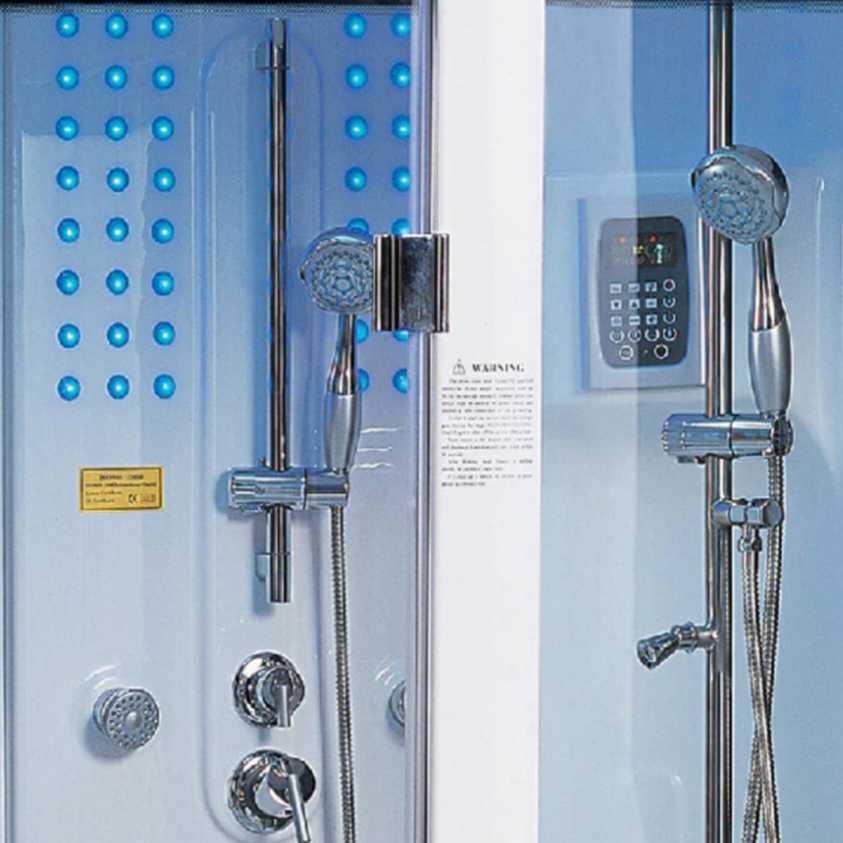 Interior view of Maya Bath Siena Steam Shower white version, showing the control panel and massage jets.