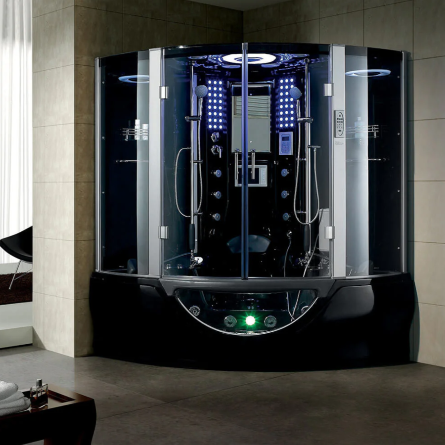 Maya Bath Valencia Steam Shower black version in an interior setting.