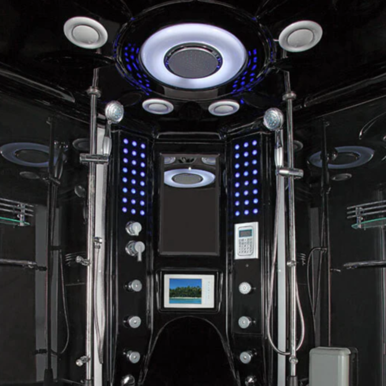 Interior view of Maya Bath Valencia Steam Shower black version, showing the LCD TV, control panel and massage jets.