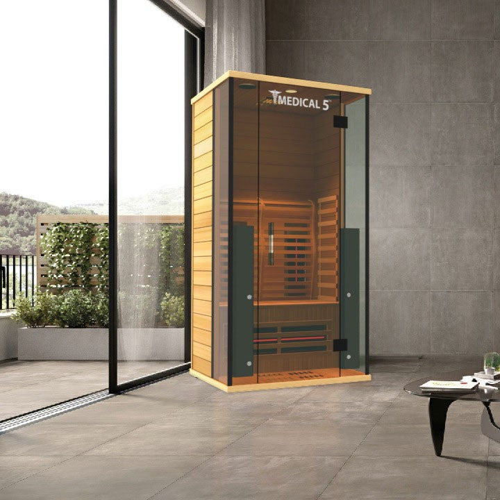 Medical Sauna Medical 5 Ultra Full Spectrum Infrared Sauna 1 Person installed in a luxurious living room.