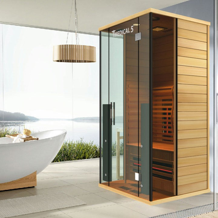 Medical Sauna Medical 5 Ultra Full Spectrum Infrared Sauna 1 Person in an interior setting with awe inspiring views.