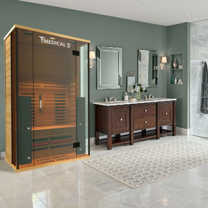 Medical Sauna Medical 5 Ultra Full Spectrum Infrared Sauna 1 Person installed in a hotel bathroom.