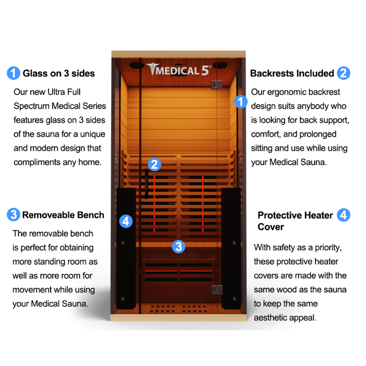 Medical Sauna Medical 5 Ultra Full Spectrum Infrared Sauna 1 Person features.