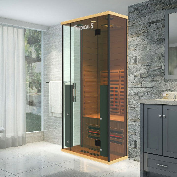 Medical Sauna Medical 5 Ultra Full Spectrum Infrared Sauna 1 Person in a living room.