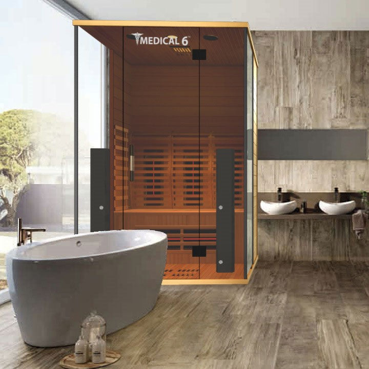 Medical Sauna Medical 6 Ultra Full Spectrum Infrared Sauna 2 People installed in a bathroom.