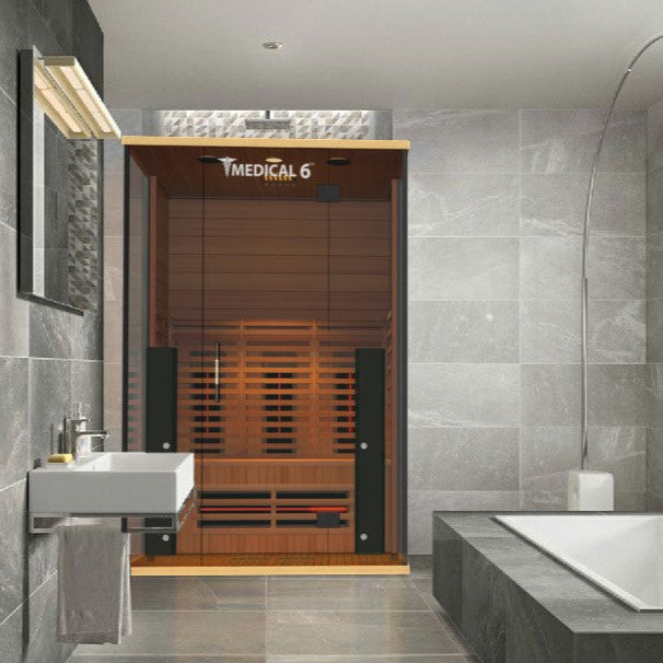 Medical Sauna Medical 6 Ultra Full Spectrum Infrared Sauna 2 People installed in the bathroom of a hotel.