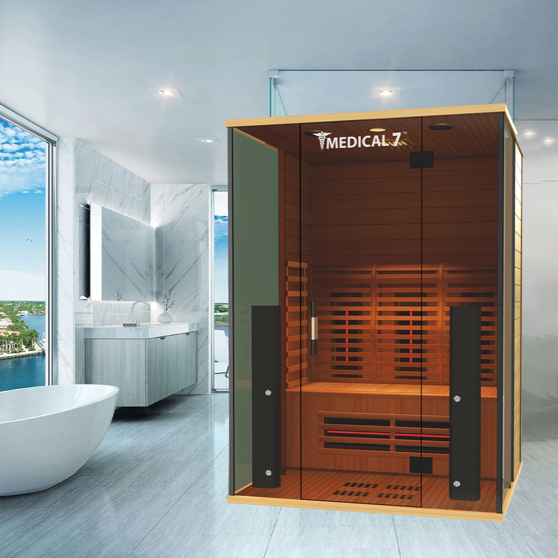 Medical Sauna Medical 7 Ultra Full Spectrum Infrared Sauna 3 People installed in a luxurious hotel room.