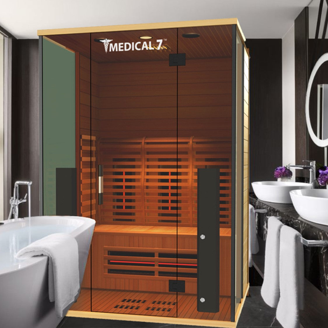 Medical Sauna Medical 7 Ultra Full Spectrum Infrared Sauna 3 People in a bathroom.