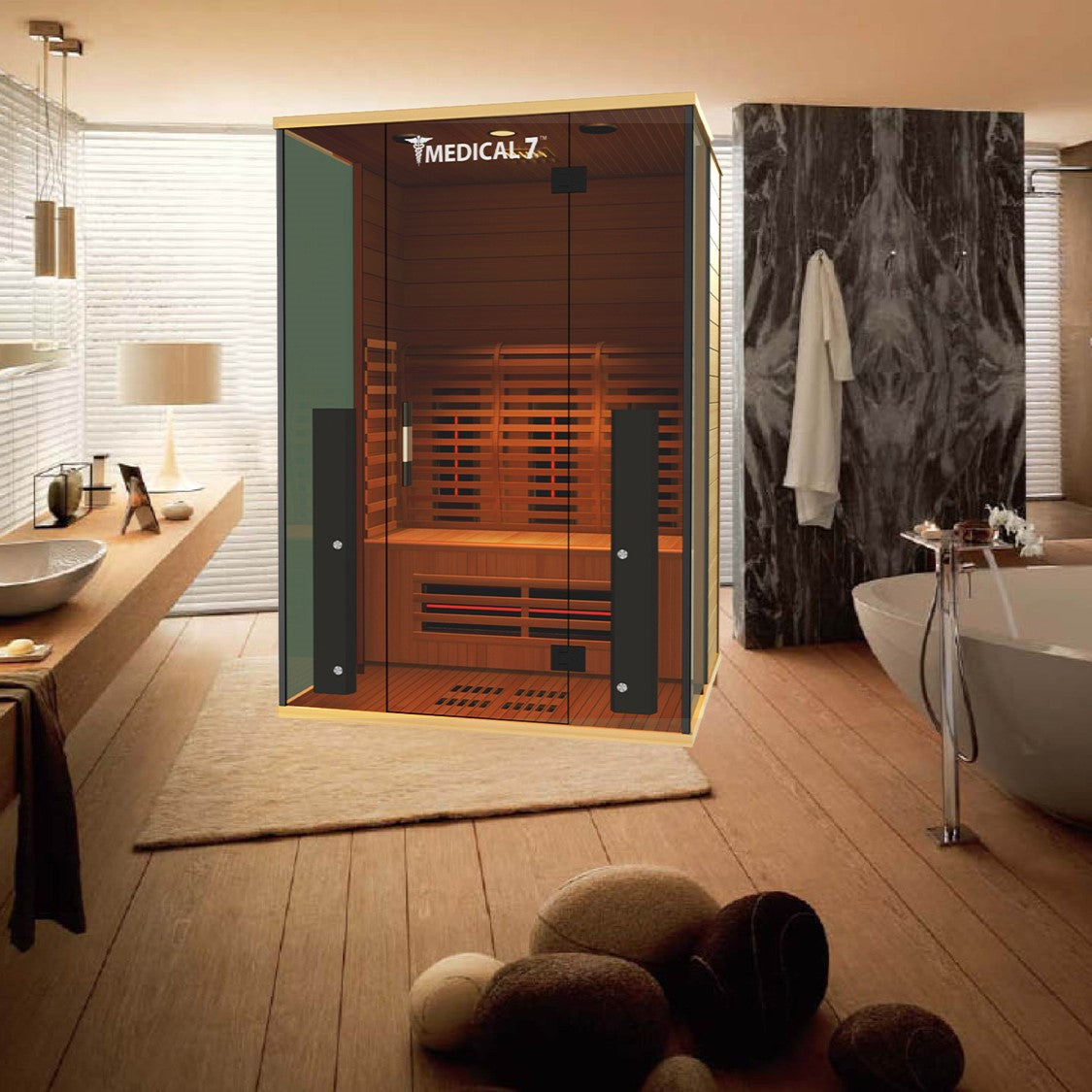 Medical Sauna Medical 7 Ultra Full Spectrum Infrared Sauna 3 People installed in a luxurious bathroom.