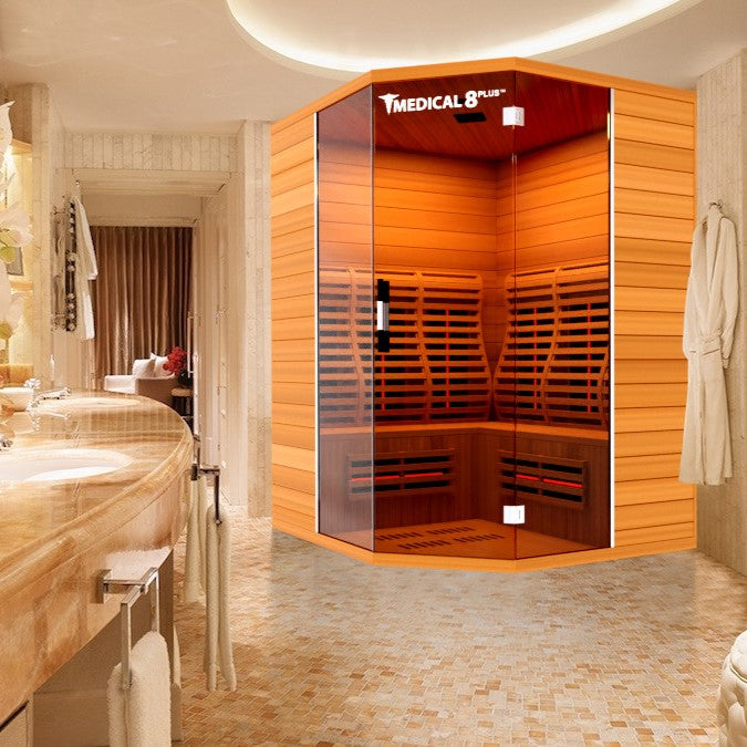 Medical Sauna Medical 8 Plus Ultra Full Spectrum Infrared Sauna 3-4 People installed in a luxurious bathroom.