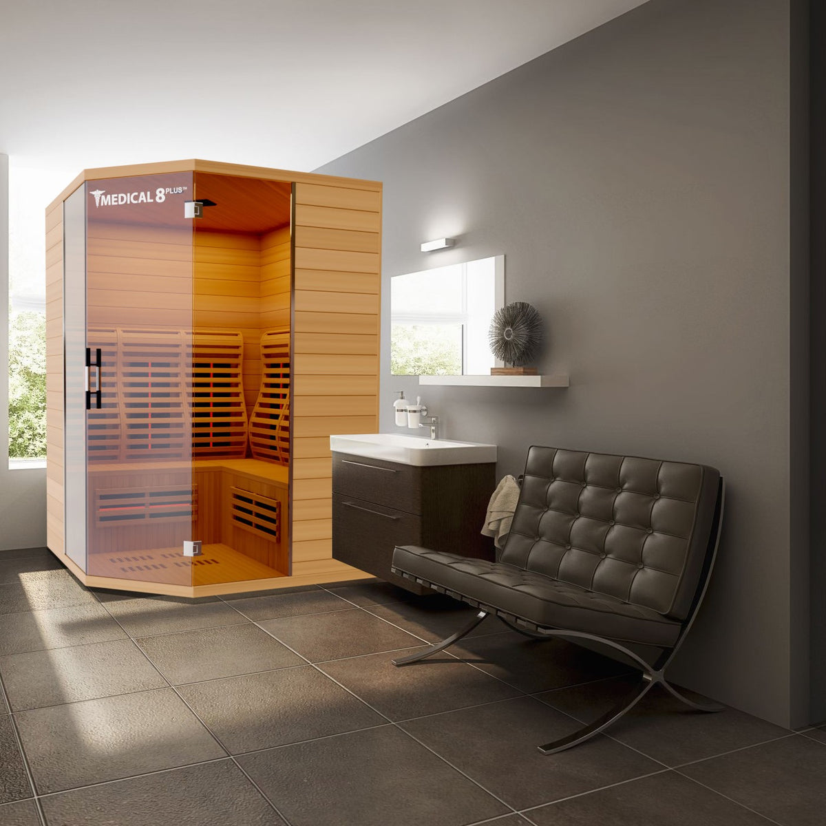 Medical Sauna Medical 8 Plus Ultra Full Spectrum Infrared Sauna 3-4 People in an interior setting.