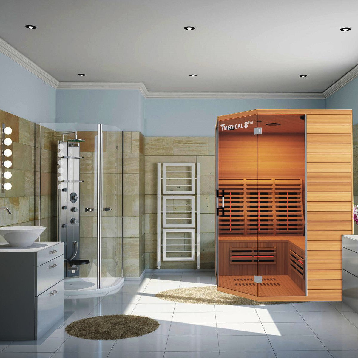 Medical Sauna Medical 8 Plus Ultra Full Spectrum Infrared Sauna 3-4 People installed in a spacious bathroom.