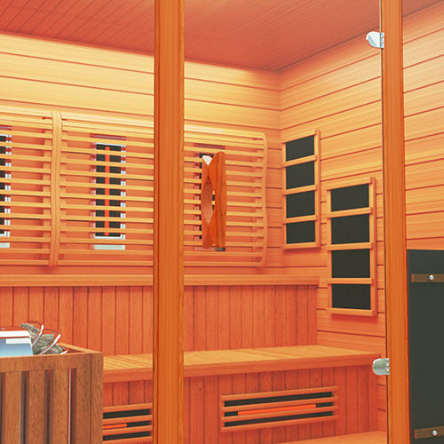 Close-up view of Medical Sauna Nature 6 Infrared Outdoor Sauna 3 People.