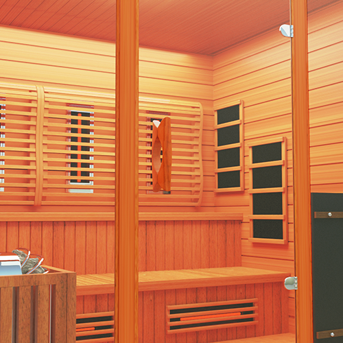 Close-up view of Medical Sauna Nature 8 Plus Infrared Outdoor Sauna 4-6 People.