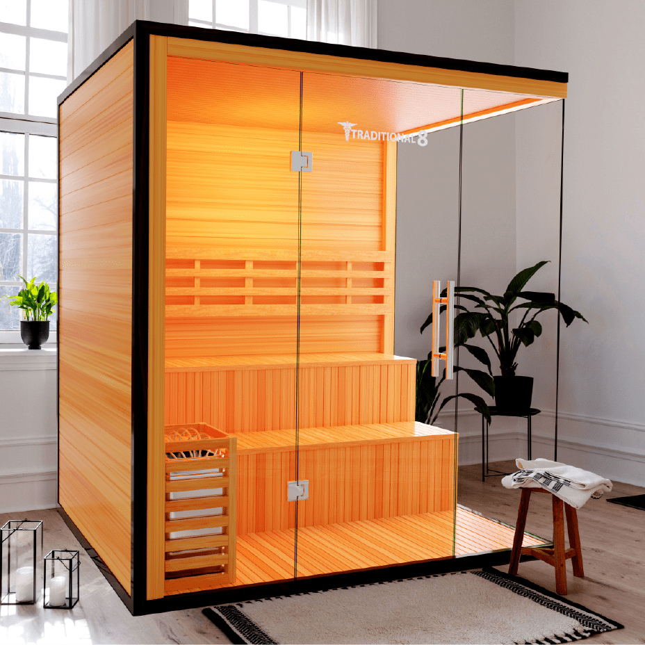 Medical Sauna Traditional 8 Plus Indoor Sauna 3-5 People in an indoor setting.