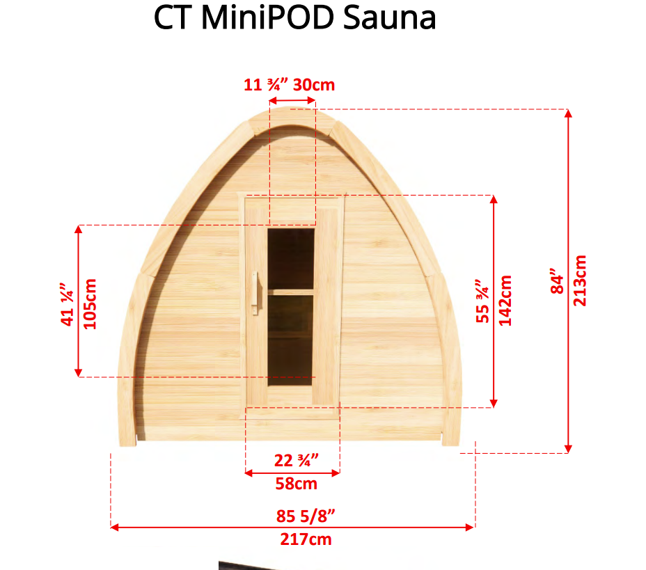 Front view detailed dimensions of MiniPOD Outdoor Sauna.