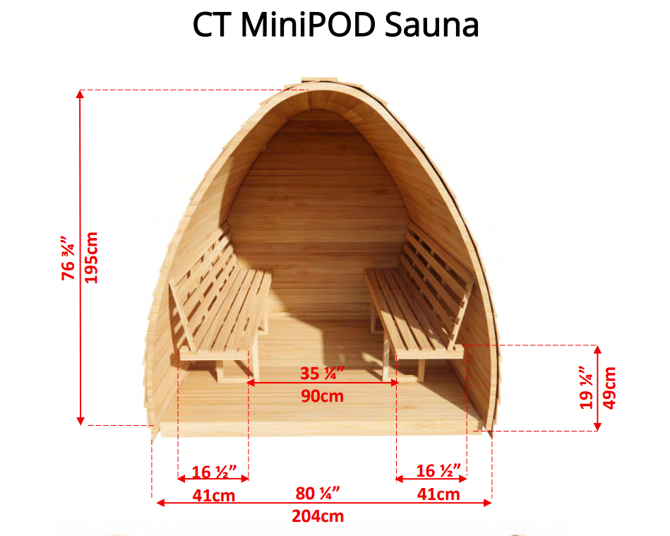 Interior view detailed dimensions of MiniPOD Outdoor Sauna.