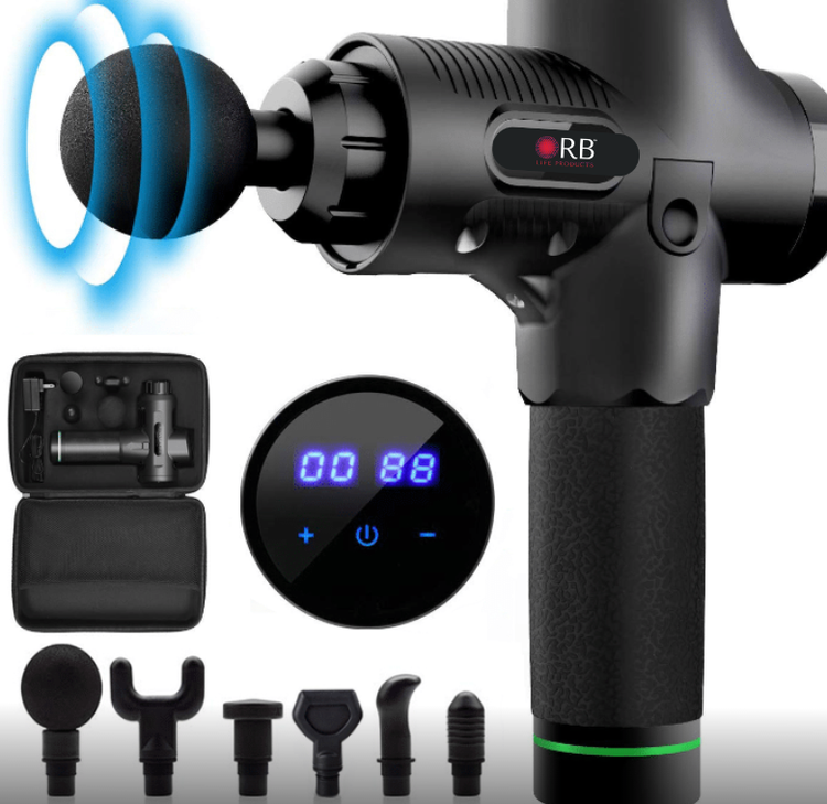 Complete ORB Massage Gun kit with carrying case and attachments for a full-body massage experience.