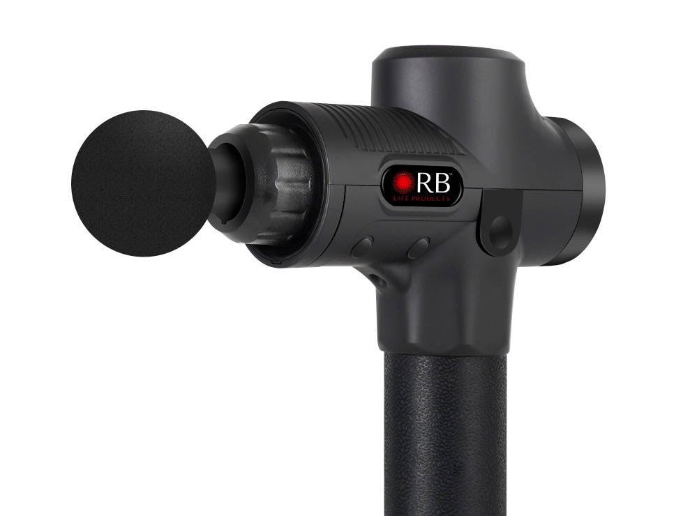 Sleek professional ORB Massage Gun in black with a foam ball attachment, ideal for deep tissue massage.