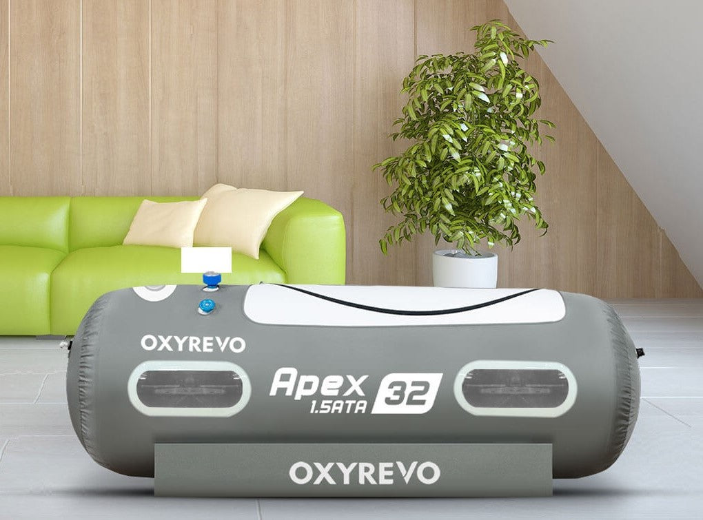 OxyRevo Apex 32 1.5 ATA Hyperbaric Chamber in a living room setting.