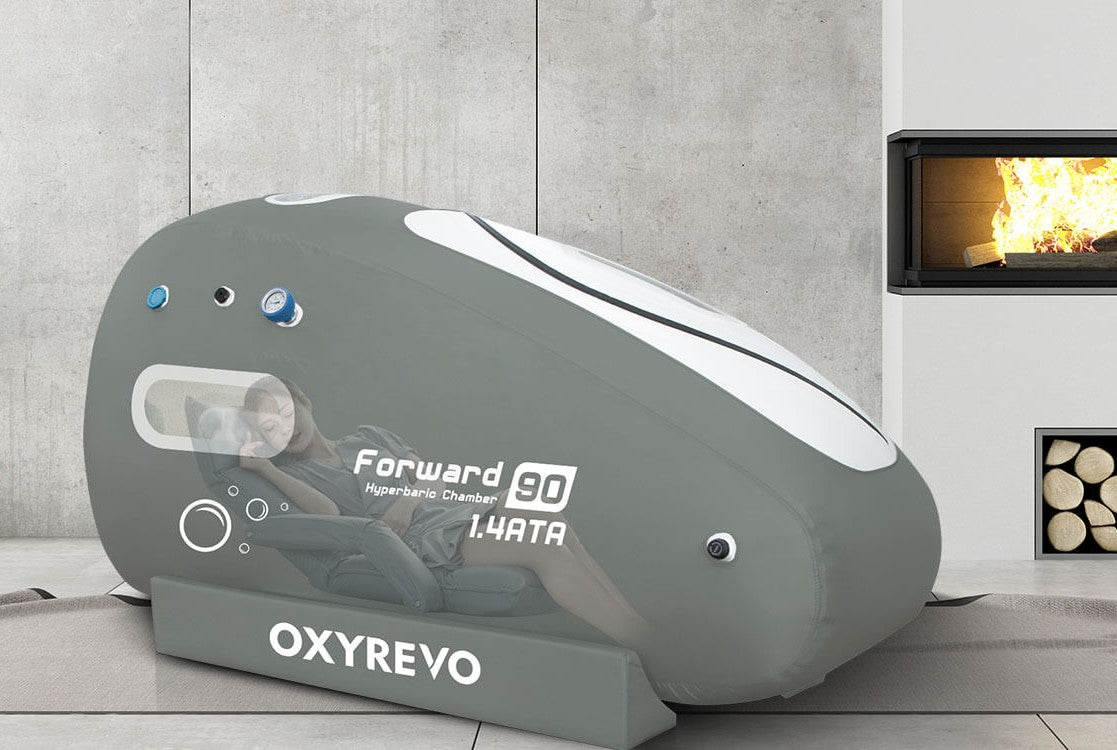 OxyRevo Forward 90 1.4 ATA Hyperbaric Chamber in an indoor setting.