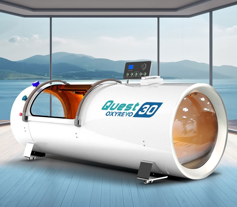 OxyRevo Quest 30 1.5 ATA Hyperbaric Chamber White version in an indoor setting.