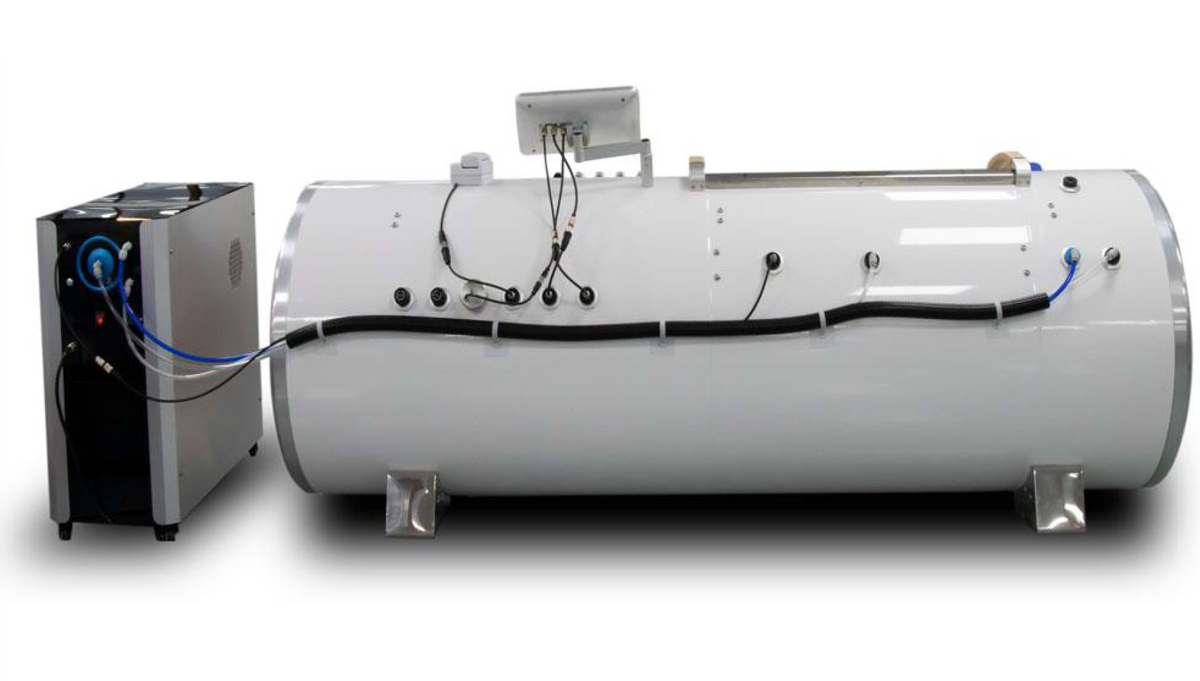 Back view of OxyRevo Quest 30 1.5 ATA Hyperbaric Chamber with Operating Unit.