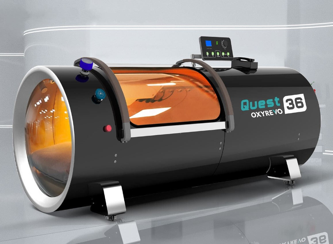 Main view of OxyRevo Quest 36 1.5 ATA Hyperbaric Chamber Black version.