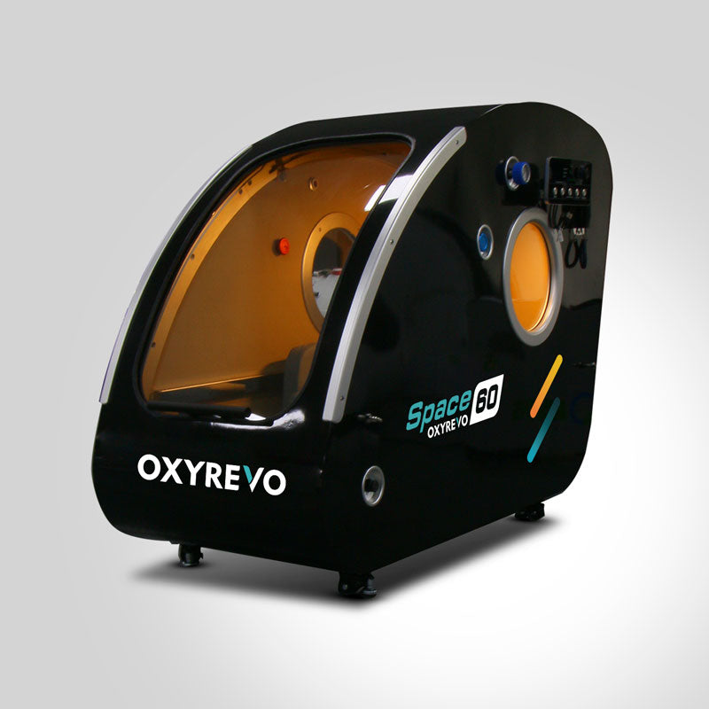 Left diagonal view of OxyRevo Space 60 Hyperbaric Chamber Black chamber version.