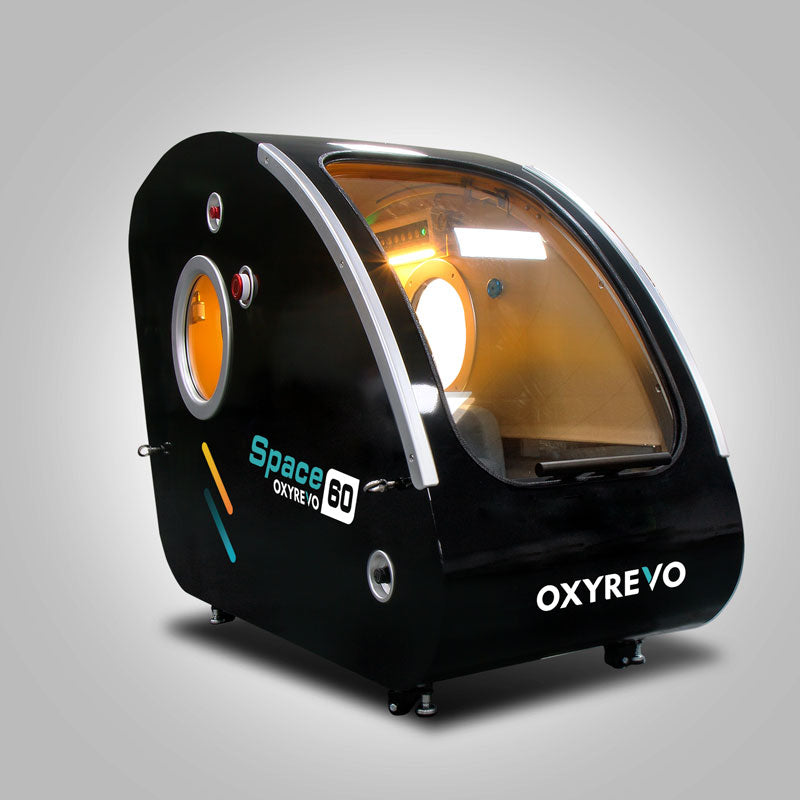 Right diagonal view of OxyRevo Space 60 Hyperbaric Chamber Black chamber version.