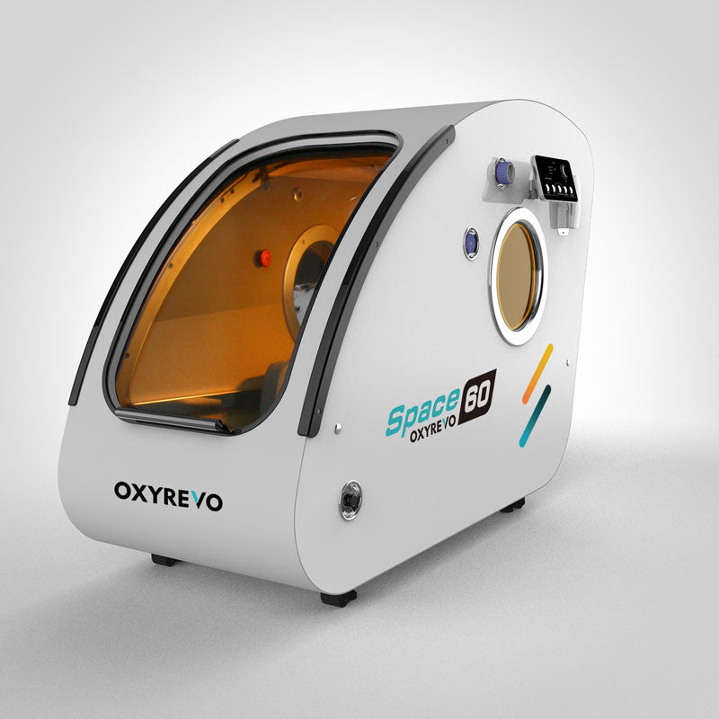 Left diagonal view of OxyRevo Space 60 Hyperbaric Chamber White chamber version.