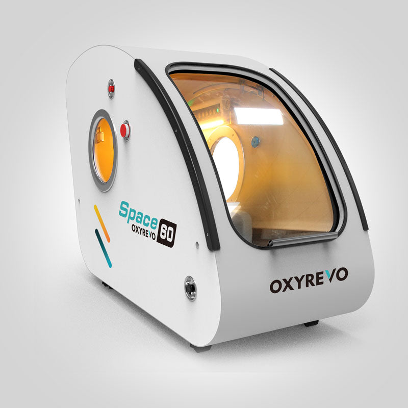 Right diagonal view of OxyRevo Space 60 Hyperbaric Chamber White chamber version.