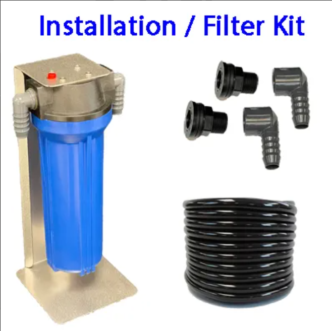 Penguin Chillers Cold Therapy Chiller installation kit featuring a blue filter and various adapter fittings. 