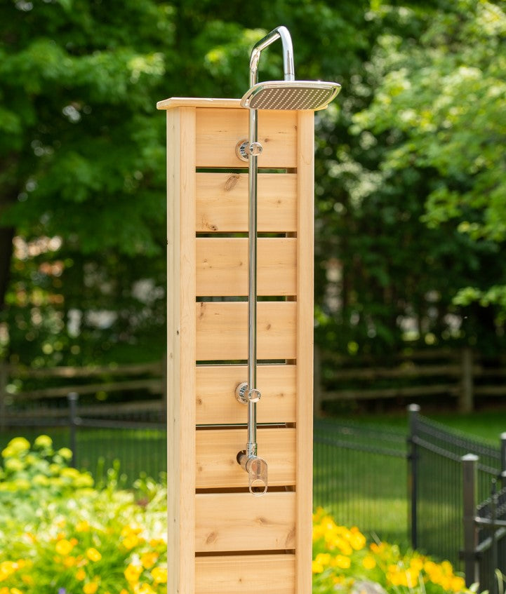 Close-up view of Leisurecraft Canadian Timber Sierra Outdoor Shower in an outdoor setting.