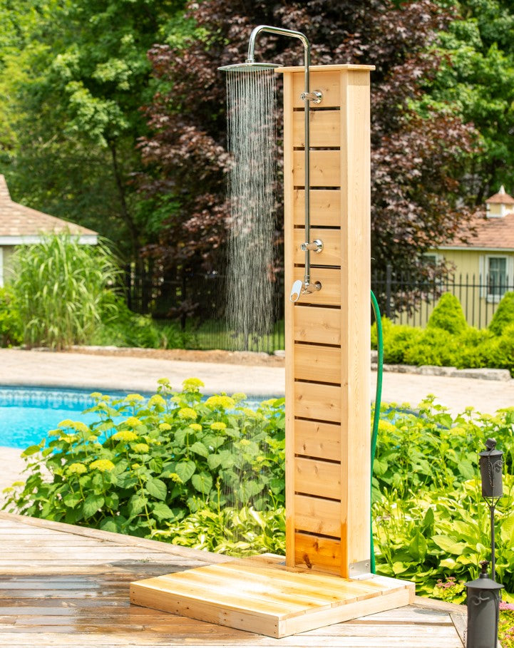 Side view of Leisurecraft Canadian Timber Sierra Outdoor Shower in an outdoor setting.