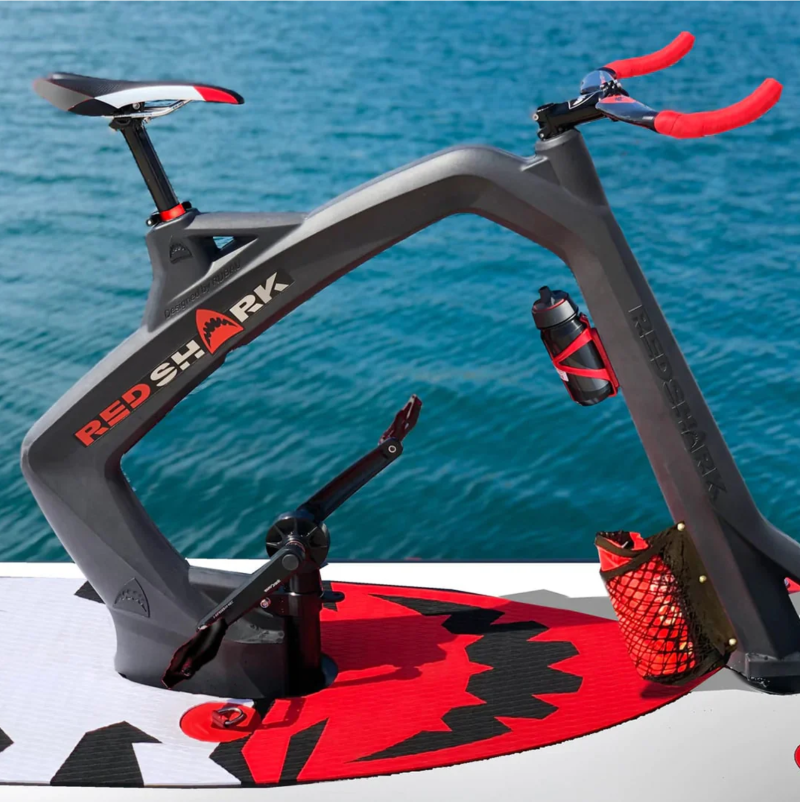 Detailed closeup of the Red Shark Fitness Bike Surf&#39;s handlebars and seating mechanism.